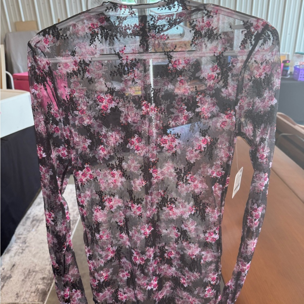 Free People Black and Pink Floral Mesh Top